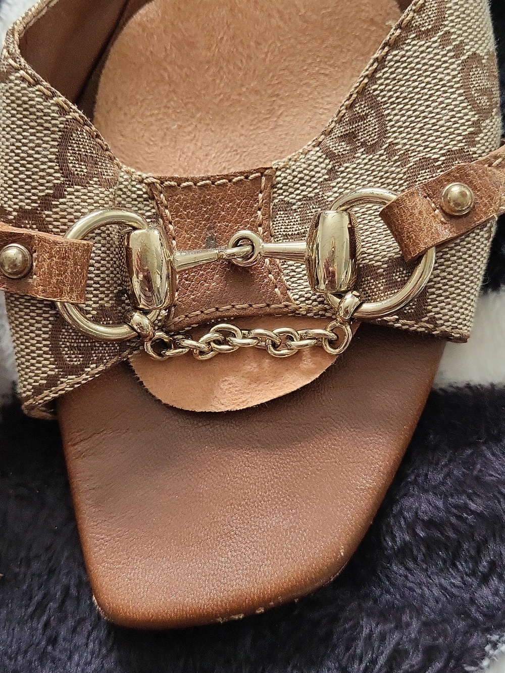 Gucci Brown Monogram Canvas & Leather Slide Mules with Gold Hardware - Picture 3 of 16